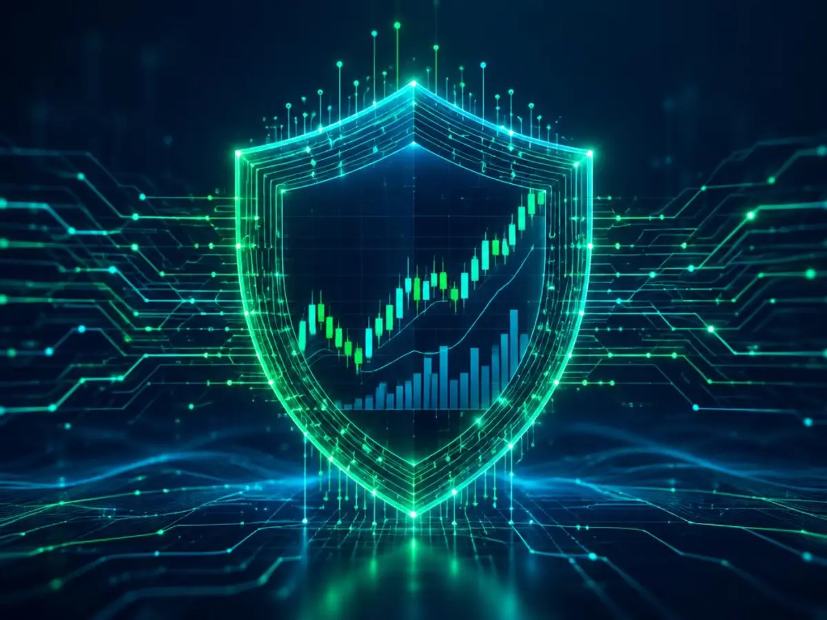 Digital security shield protecting a market chart, representing Sivdor Galren AI legit and secure trading