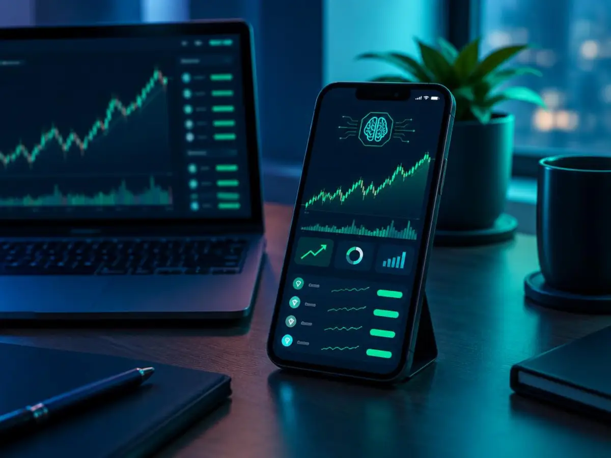 Sivdor Galren AI trading app on a smartphone beside a laptop showing live trading charts